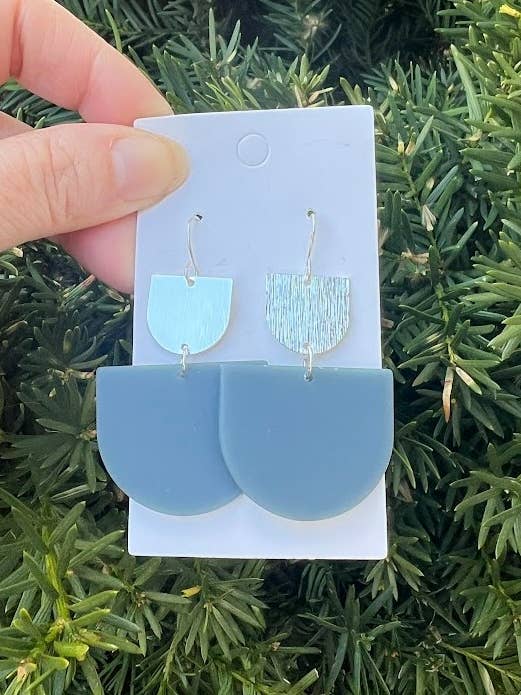 Chambray Blue Silver Double Deco Acrylic Statement Earrings for wholesale by Baubles by B