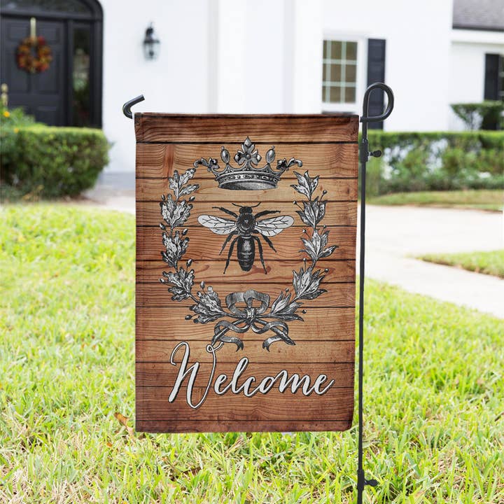 Garden Flag - Welcome French Country Crown Bee Wreath for wholesale by Boutique Monogram