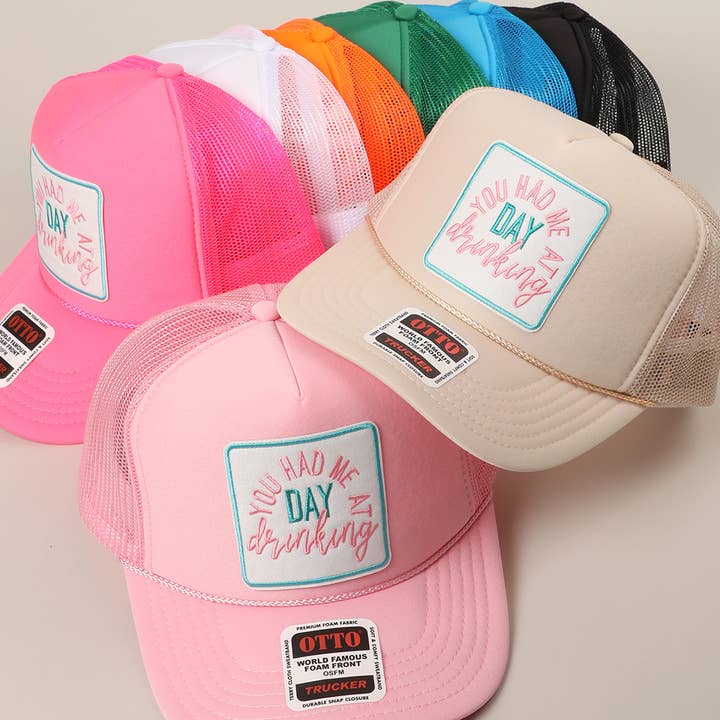 Fashion City - Wholesale Trucker Hat - Unisex - You Had Me At Day Drinking Embroidery Patch Mesh Back Cap
