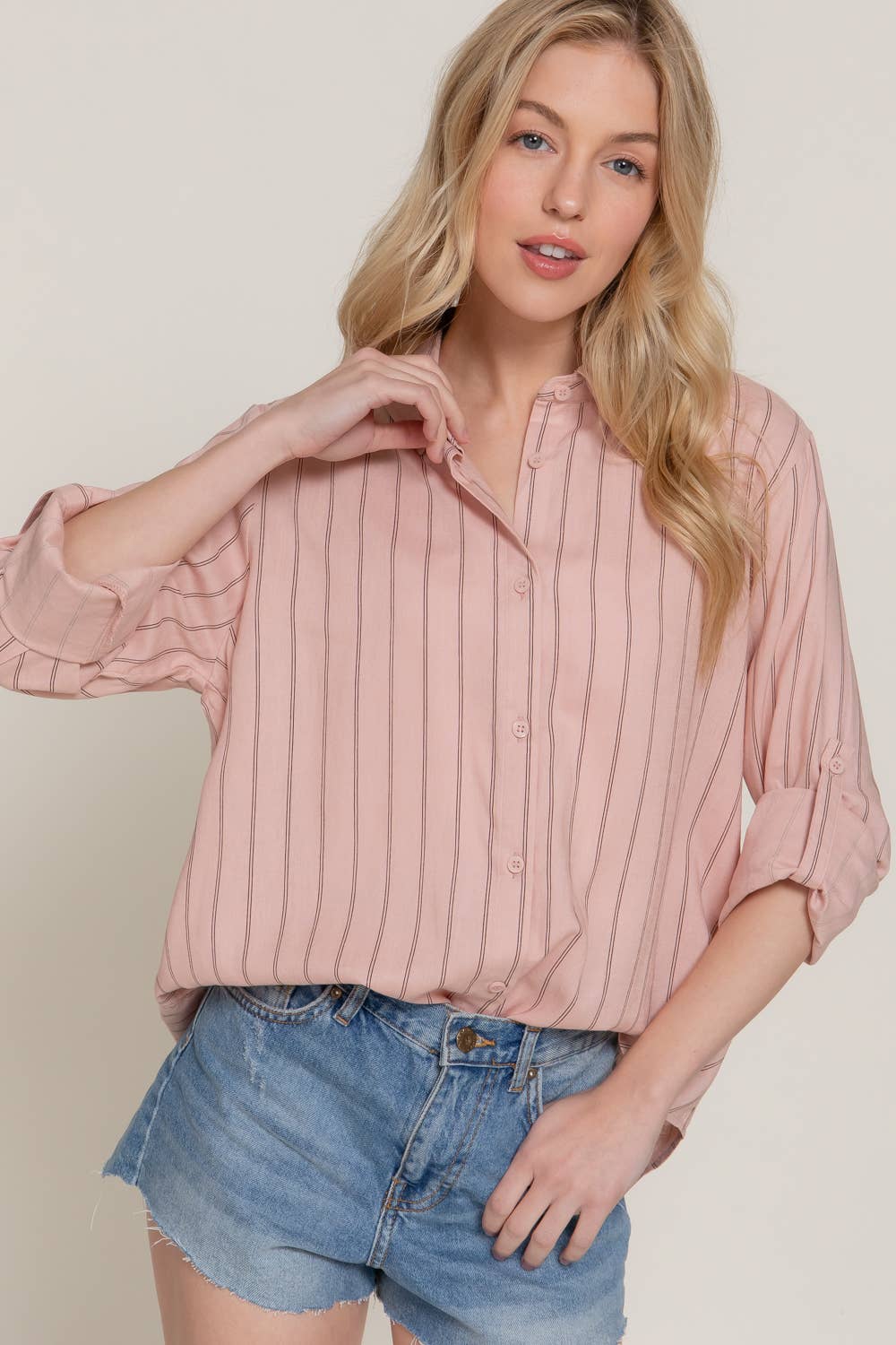 Active Basic | Active USA - Wholesale Button Down Shirt - Women's - Long Sleeve Button Down Stripe Linen Oversized Shirt7