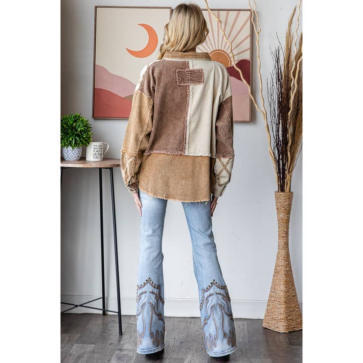 Oli&Hali - Wholesale Shirt Jacket/Shacket - Women's - WASHED CORDUROY COLORBLOCK BUTTON DOWN SHACKET