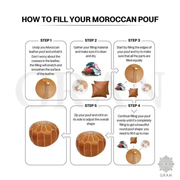 Gran Wholesale - Wholesale Pouf - Handmade Moroccan Square Leather Pouf Brown - Unstuffed 6