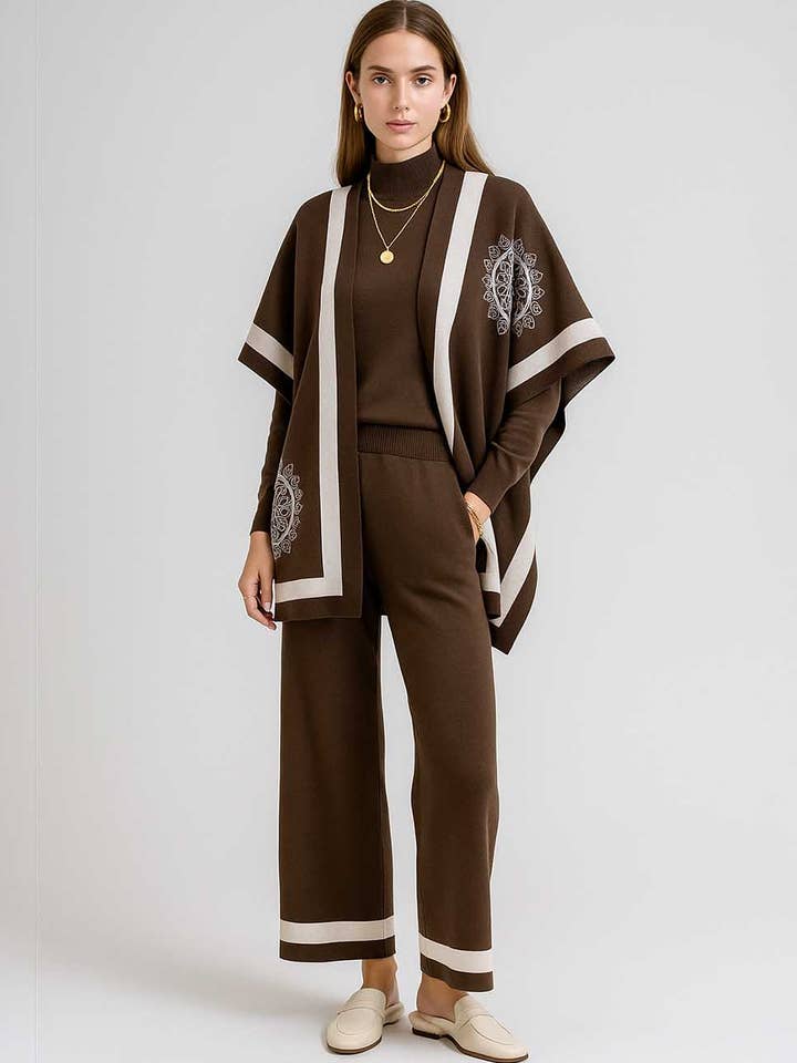 Ladies Knit Shawl Cape & Sweater & Pants 3PCS Set for wholesale by Sweetkama