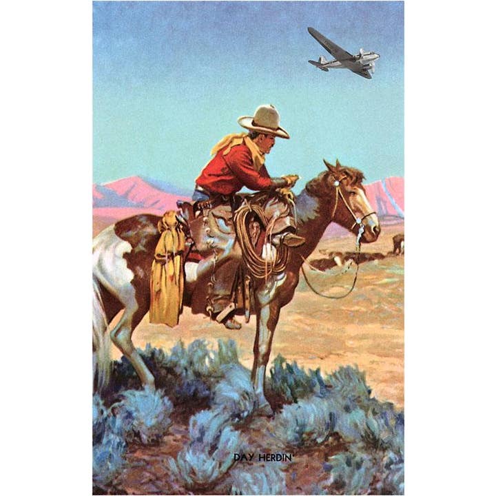 Klistermärke CB-183 Cowboy på häst som tittar på flygplan för wholesale av Found Image Press