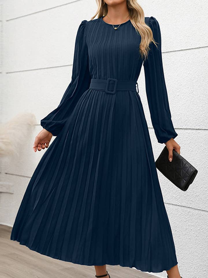 Lovenne - Wholesale Dress - Women's - Fold-pleated round-neck high-waist long dress2