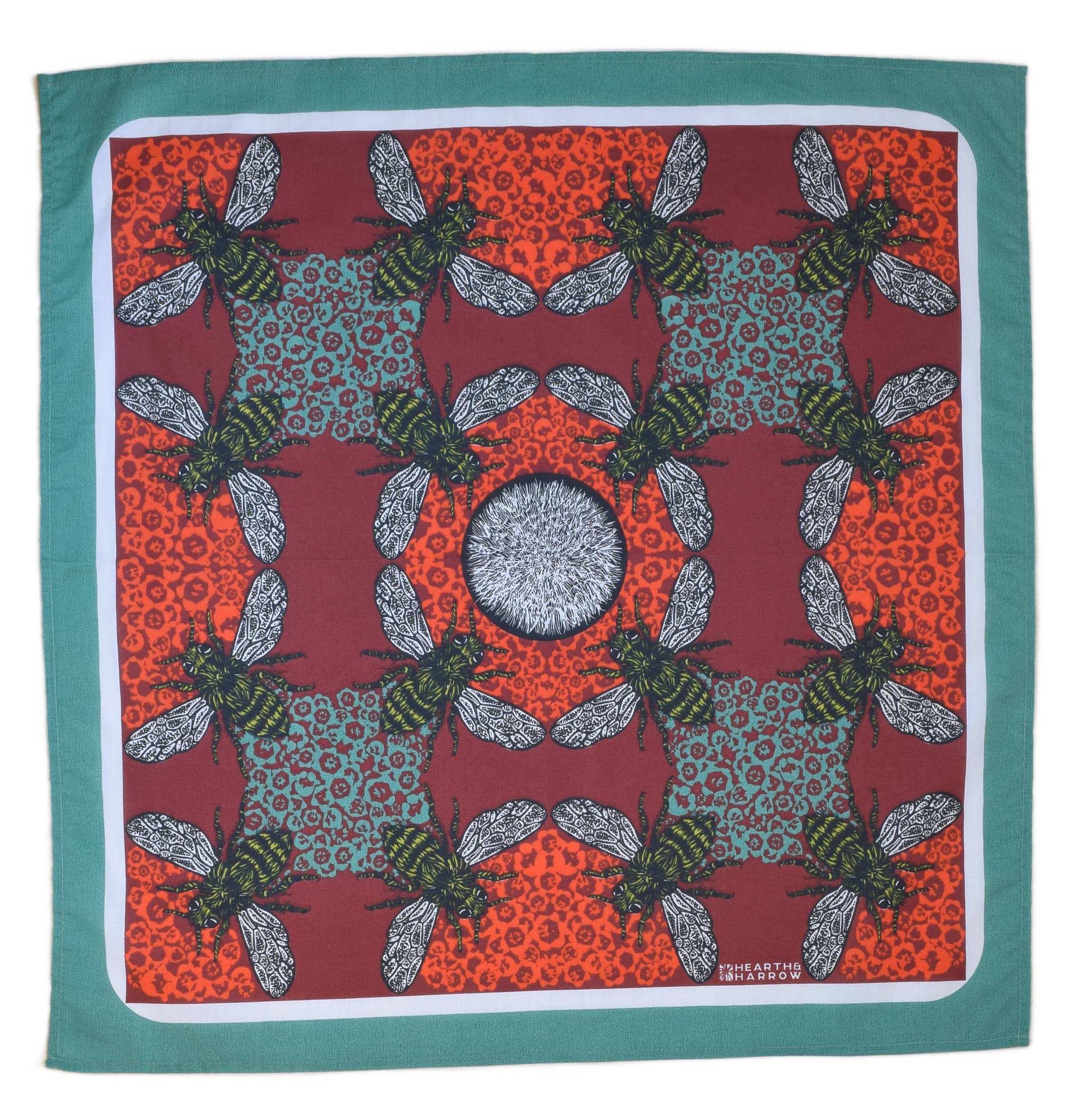 Hearth and Harrow – wholesale Bandana – Unisex – Honeybee Bandana - 100% Cotton - Red and Teal - Hand Printed1