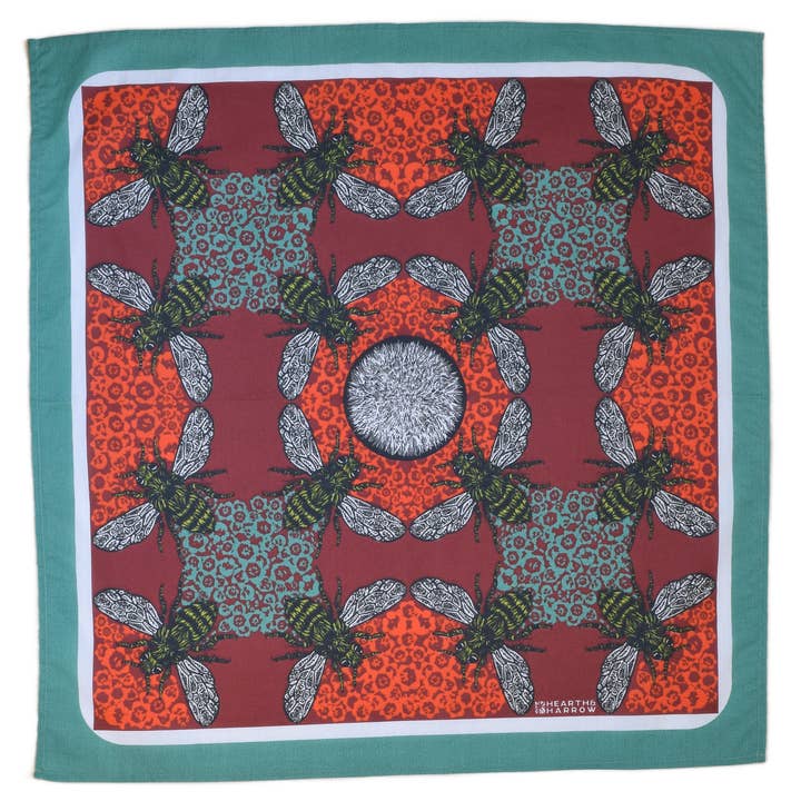 Hearth and Harrow - Wholesale Bandana - Unisex - Honeybee Bandana - 100% Cotton - Red and Teal - Hand Printed1