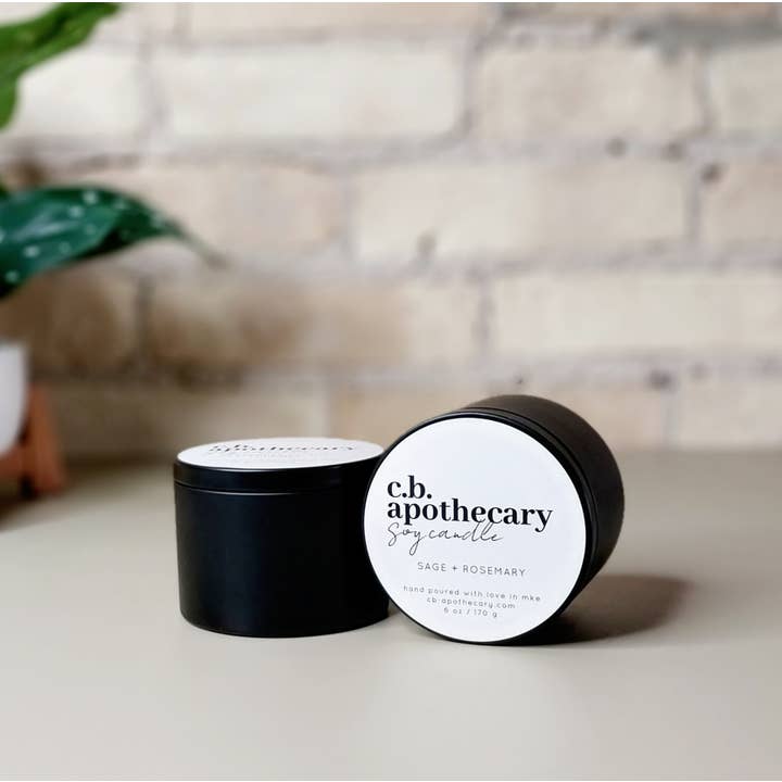 Sage + Rosemary - 6oz Soy Candle Matte Black Tin for wholesale by C.B. APOTHECARY