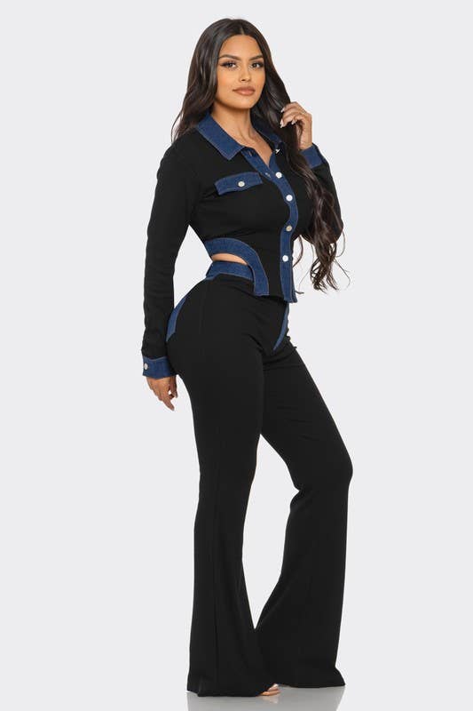 Black DENIM CONTRAST PANTS SET for wholesale on Faire1
