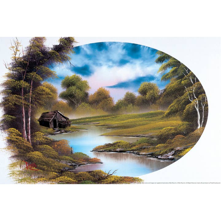 Póster impreso de Bob Ross Lakeside Cabin, 12 x 18 para venta al por mayor de Gotham Gifts