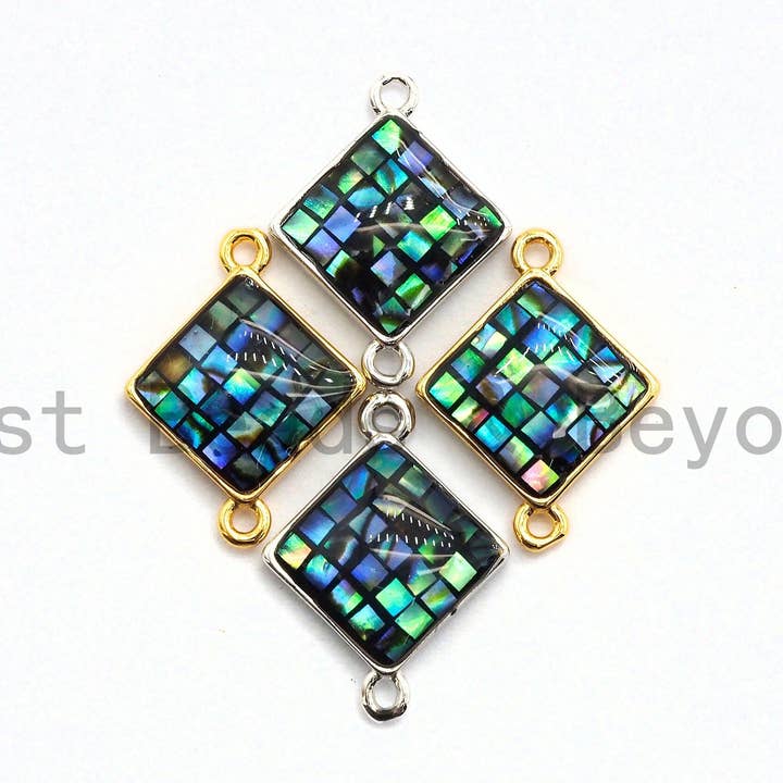 Connettore a conchiglia di abalone 100% naturale a forma di diamante con bordo placcato oro/argento, ciondolo conchiglia di abalone 14 x 18 mm, SKU #Z288 per la vendita all'ingrosso da parte di BestBeads&Beyond