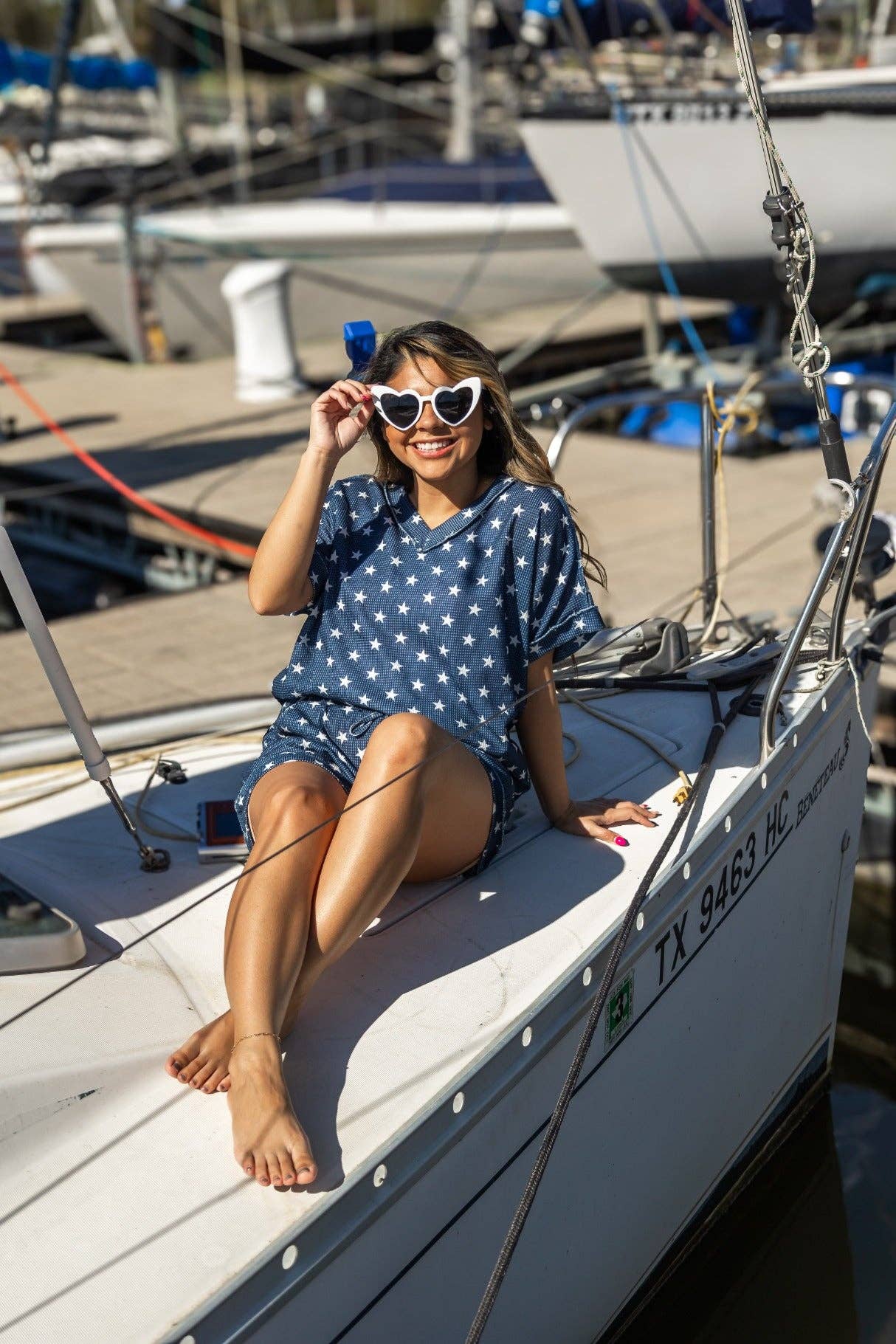 Bleu Le haut en tricot gaufré Lucy Navy Stars en vente sur Faire8