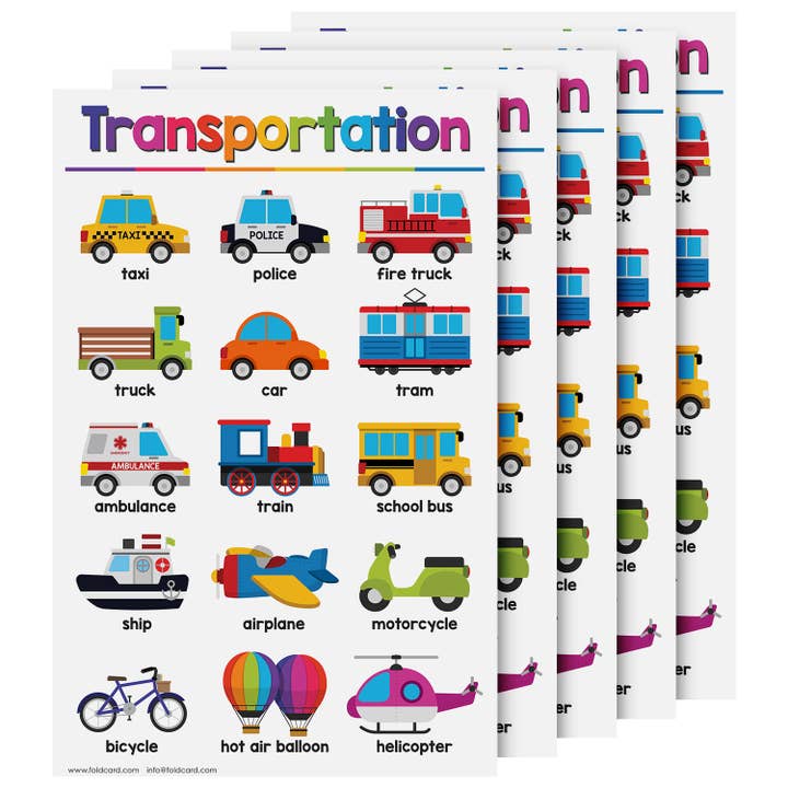 Tableau des transports pour enfants — Affiche éducative lumineuse et colorée | 11 « x 17" | Paquet de 5 pour la vente par Fine Cardstock