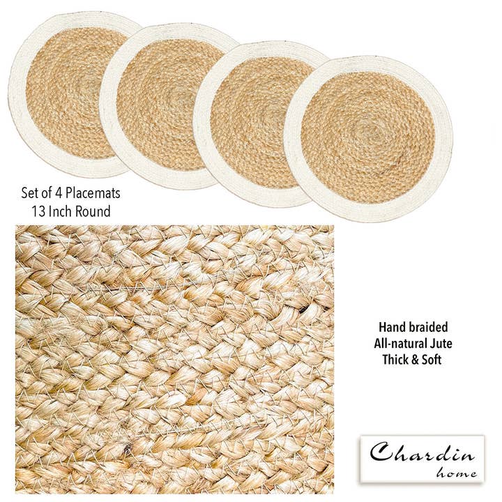 Set of 4-Verona Round Border Placemats, 13'' Rnd., Nat-Ivory for wholesale by chardin home