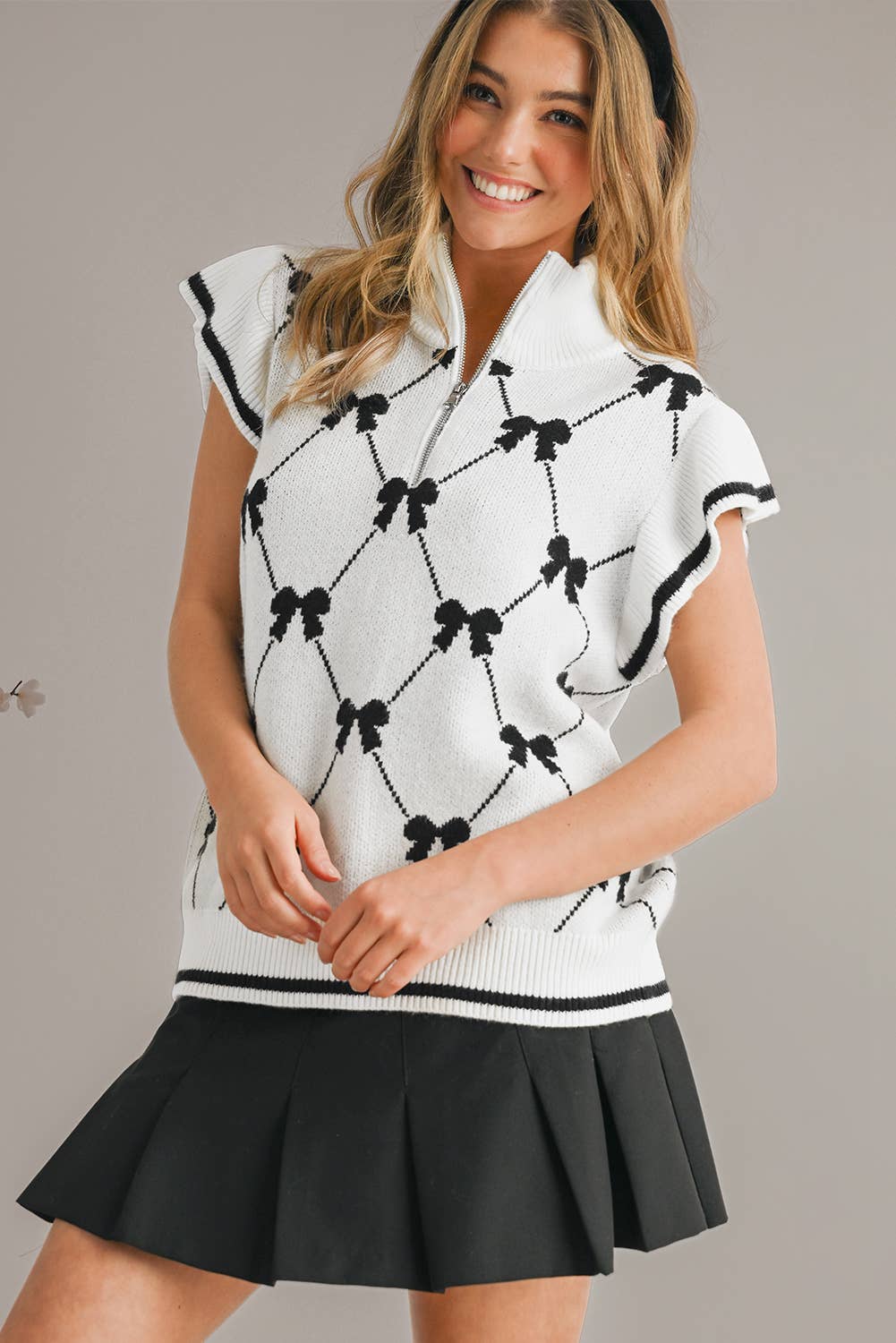 Aapparella - Wholesale Knit Sweater - Women's - Bow Checkered Print Zipper Front Ruffled Sweater | S-XL6