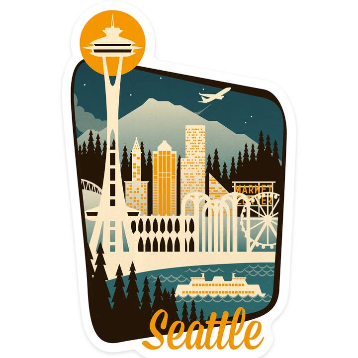 Lantern Press - Wholesale Sticker - STICKERS Seattle, Washington, Retro Skyline