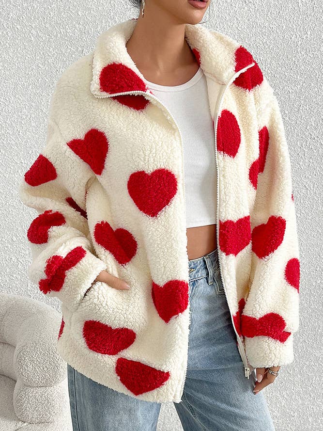 UNISHE - Wholesale Coat - Women's - Heart Pattern Fleece Zipper Long Sleeves Coat SR0951