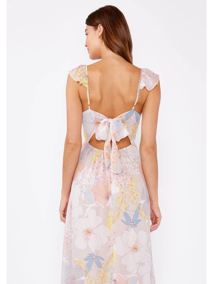 Natural Blue Pastel Floral Flutter Sleeve Tie Back Maxi Dress for wholesale on Faire