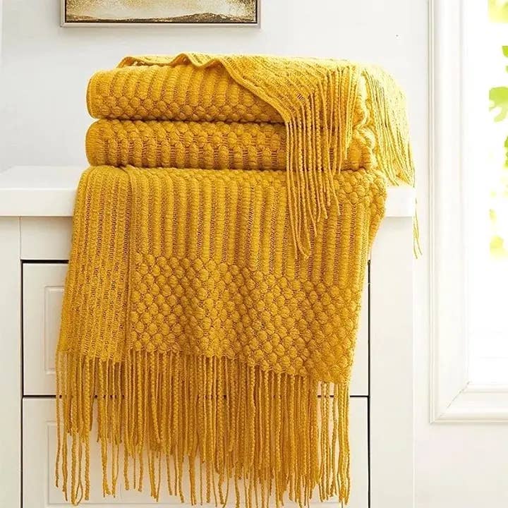 Fennco Styles - Wholesale Throw Blanket - Mustard Waffle Stripe 50x60 Inch Throw Blanket0