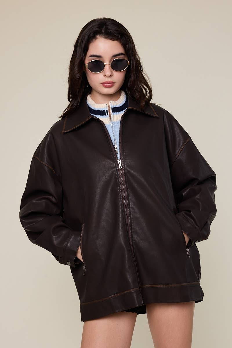 Sky to Moon - Wholesale Leather Jacket - Women's - FAUX LEATHER COLLARED OVERSIZED CASUAL JACKET8