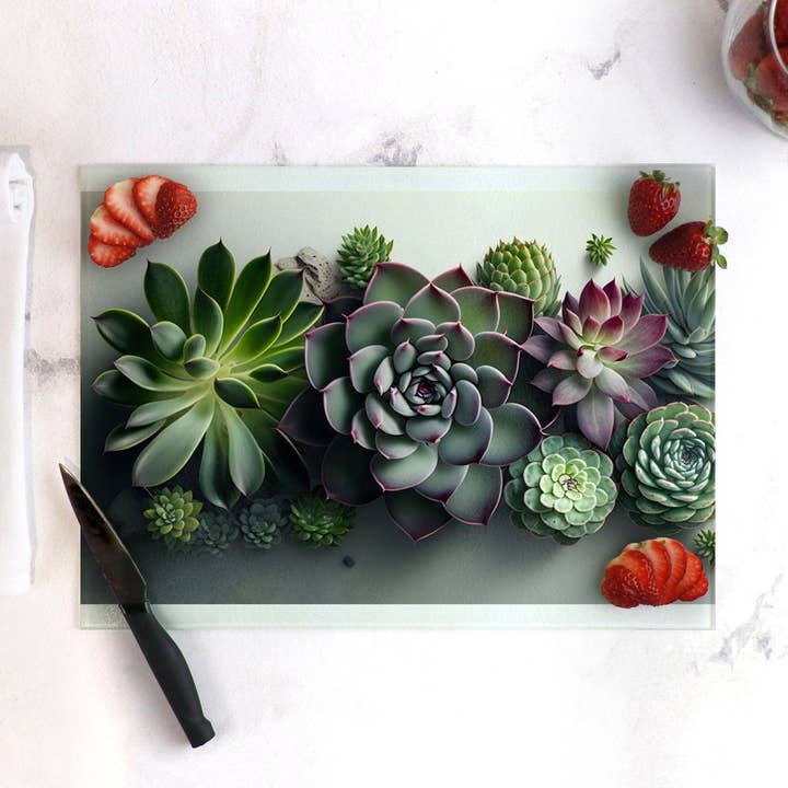 Succulents Glass Cutting Board Lrg. (15.75" x 11.5") for wholesale by SUNFLOWER DREAMS BOUTIQUE