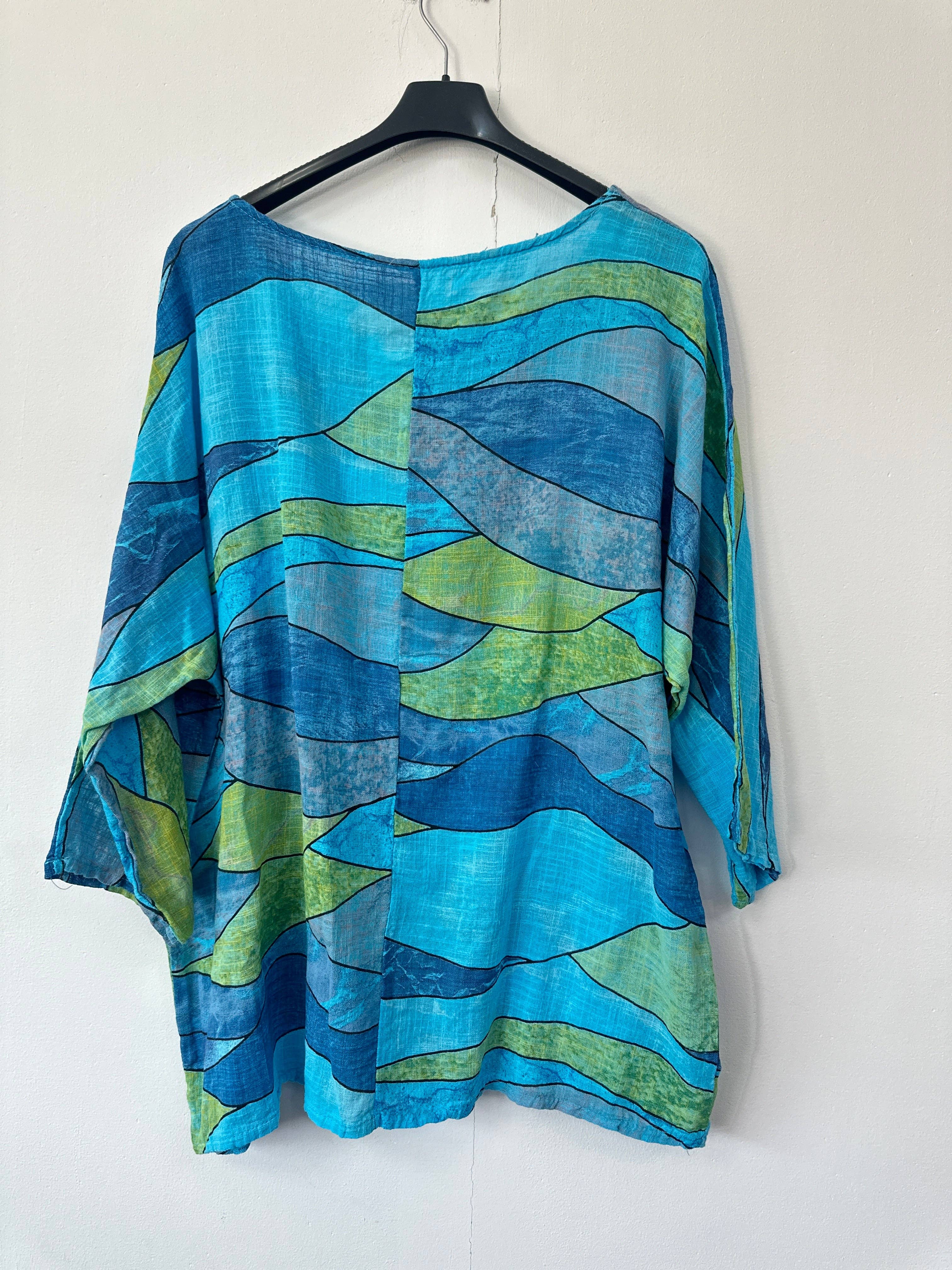 Miss Bold - Wholesale Blouse - Women's - Italian Abstract Print Oversized Linen Blend Top with 3by4 Sleeves9