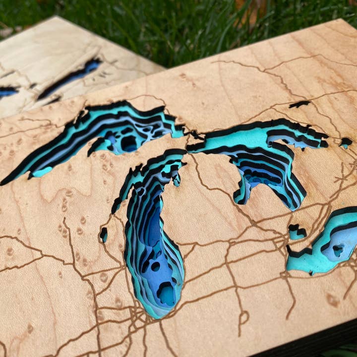 Knock On Wood - Wholesale Decorative Tabletop Object - Great Lakes Lake Depth Map4