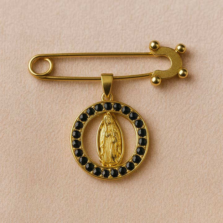 PHOEBE´S - Wholesale Brooch - Gold Virgin Mary Medal Brooch with Black Zirconia2