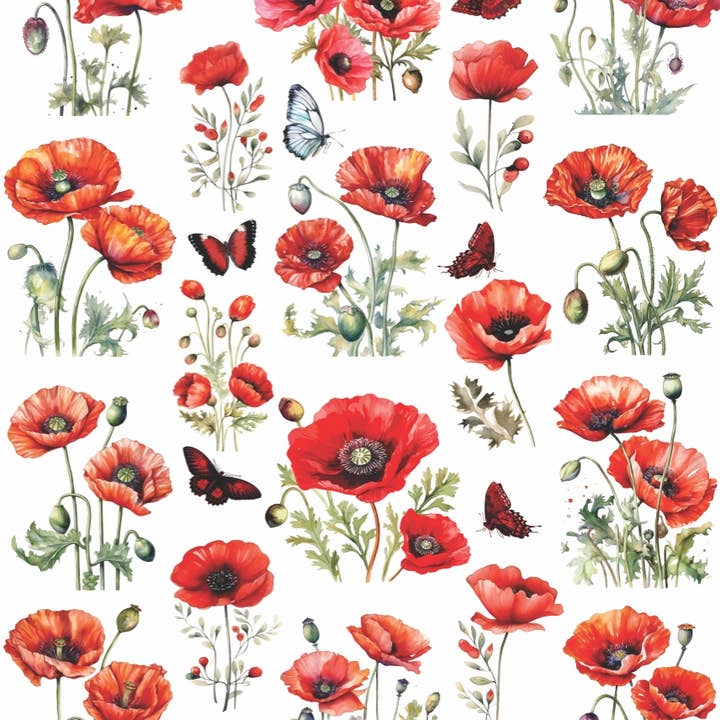 Craft Kreatively - Wholesale Craft supplies - Poppy Flowers Decoupage Rice Paper - 2x A3 - for Crafts