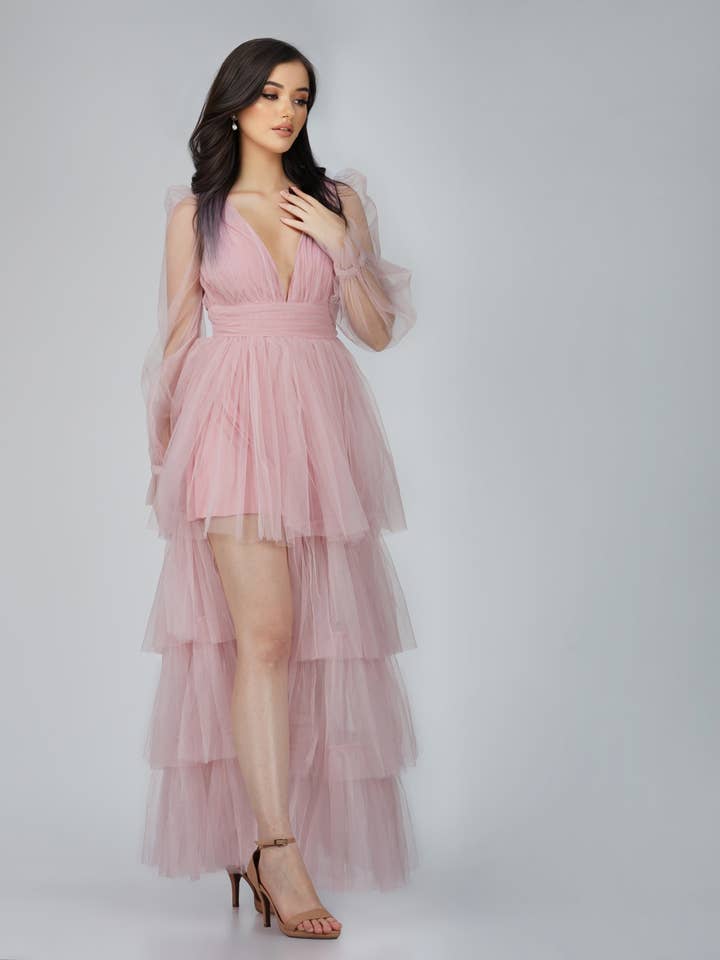 Salma Long Sleeve Tulle Maxi Dress in Pink for wholesale on Faire
