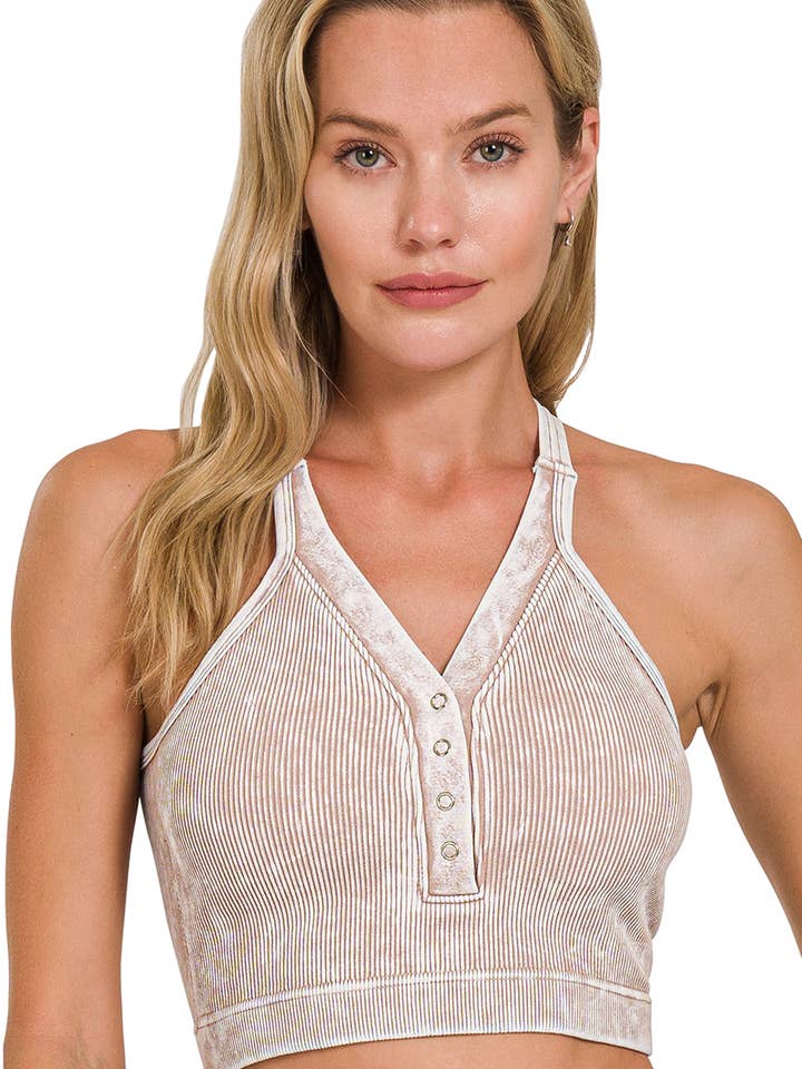 ...SI-25407 Tvättad sömlös crop-topp med tryckknappar och utskärning ba för wholesale av 42POPS