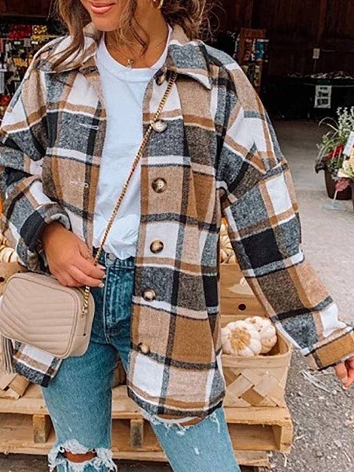 Fashion Combination - Wholesale Jacket - Women's - new plaid print buttoned long sleeve shacket