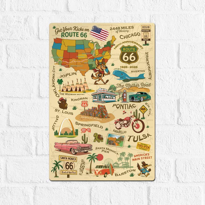 Legends of Route 66 with Mascots USA Made 22 Gauge 12 x 18 Metal Wall Decor– Sunbeltgifts® 100th Anniversary Edition for wholesale by Sunbeltgifts | Licensed Home Wall Decor