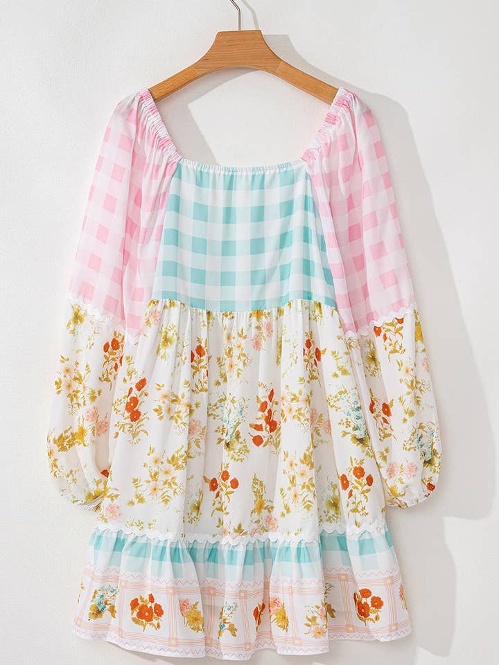 Rose Robe rose à manches bulles en patchwork à carreaux Ric Rac en vente sur Faire2