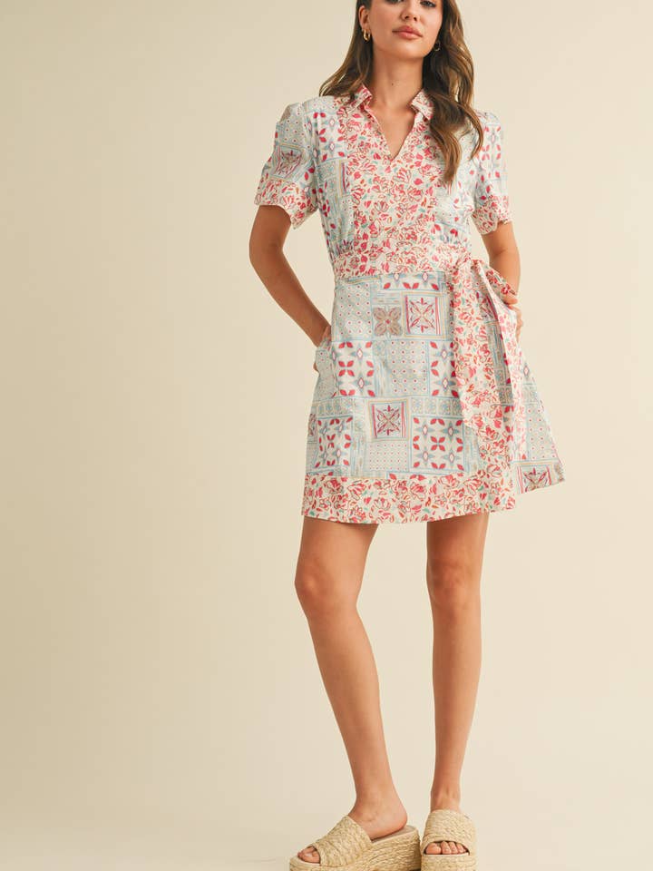 &MERCI - Wholesale Dress - Women's - MIXED PRINT FAUX WRAP MINI DRESS MDR4038