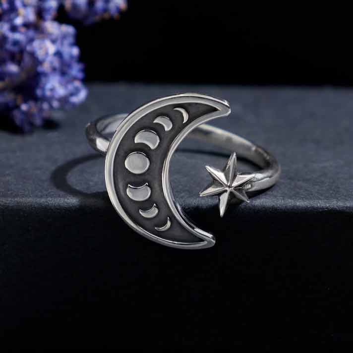 Nina Designs - Vente Anneau/bague à empiler - Bague réglable avec phases de lune en argent sterling ou bronze0