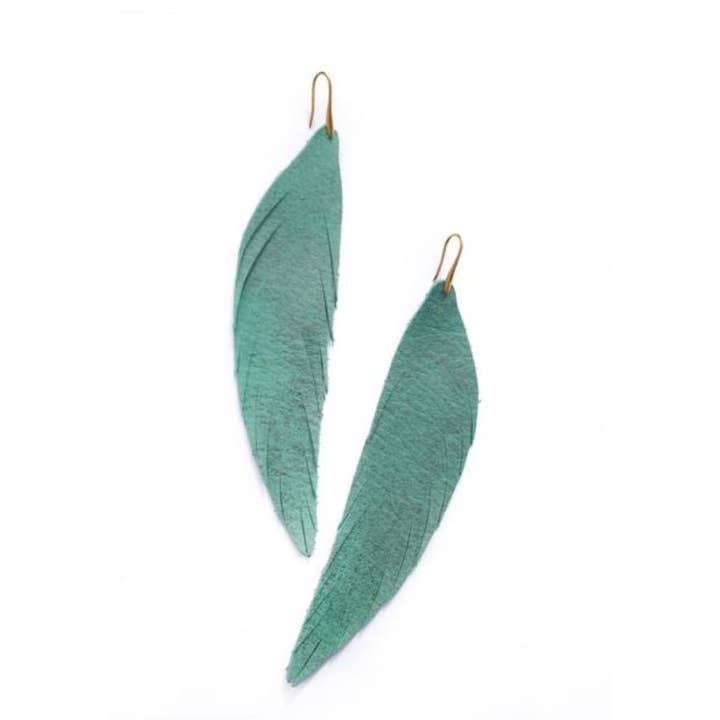 The Supply Society - Wholesale Dangle Earrings - Long Feather Leather Earring - Turquoise Metallic