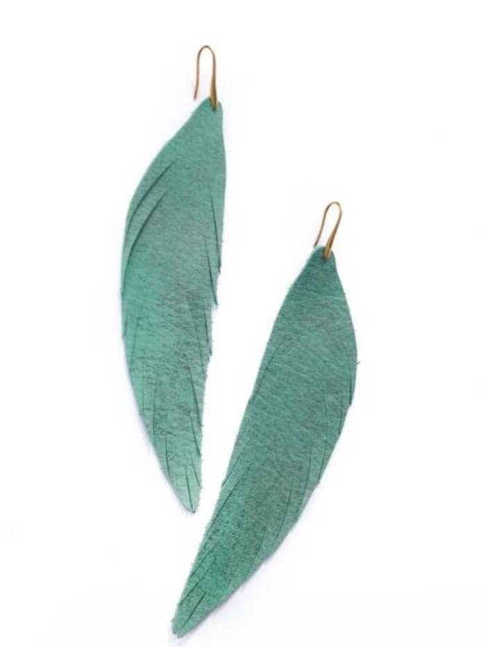 Long Feather Leather Earring - Turquoise Metallic for wholesale by The Supply Society