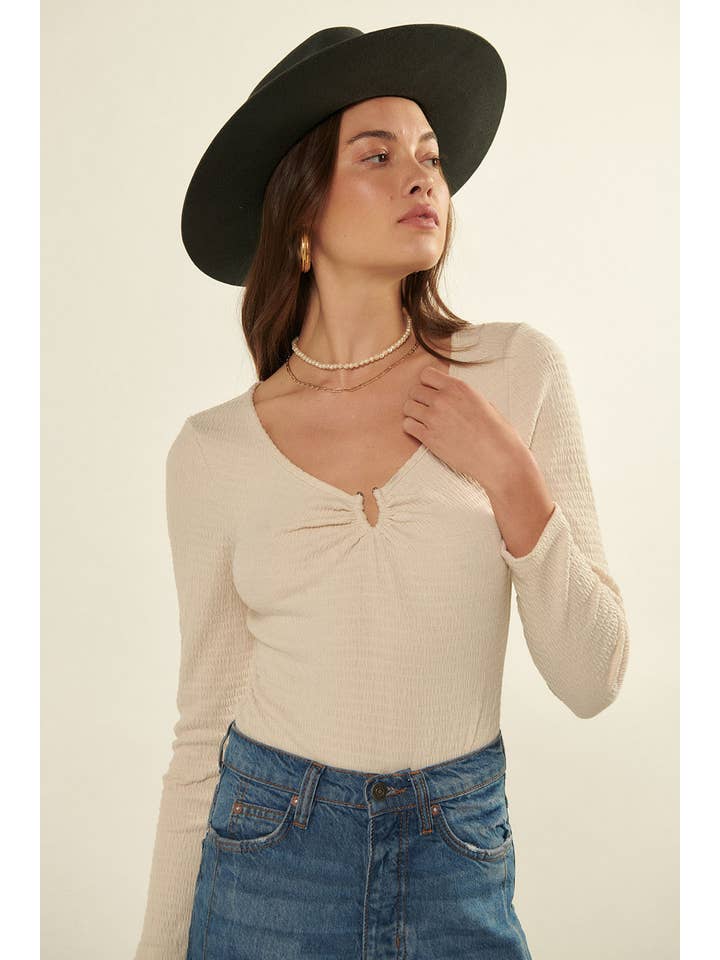 Promesa USA - Wholesale Bodysuit - Women's - Solid Smocked V-Wire Neck Long Sleeve Bodysuit