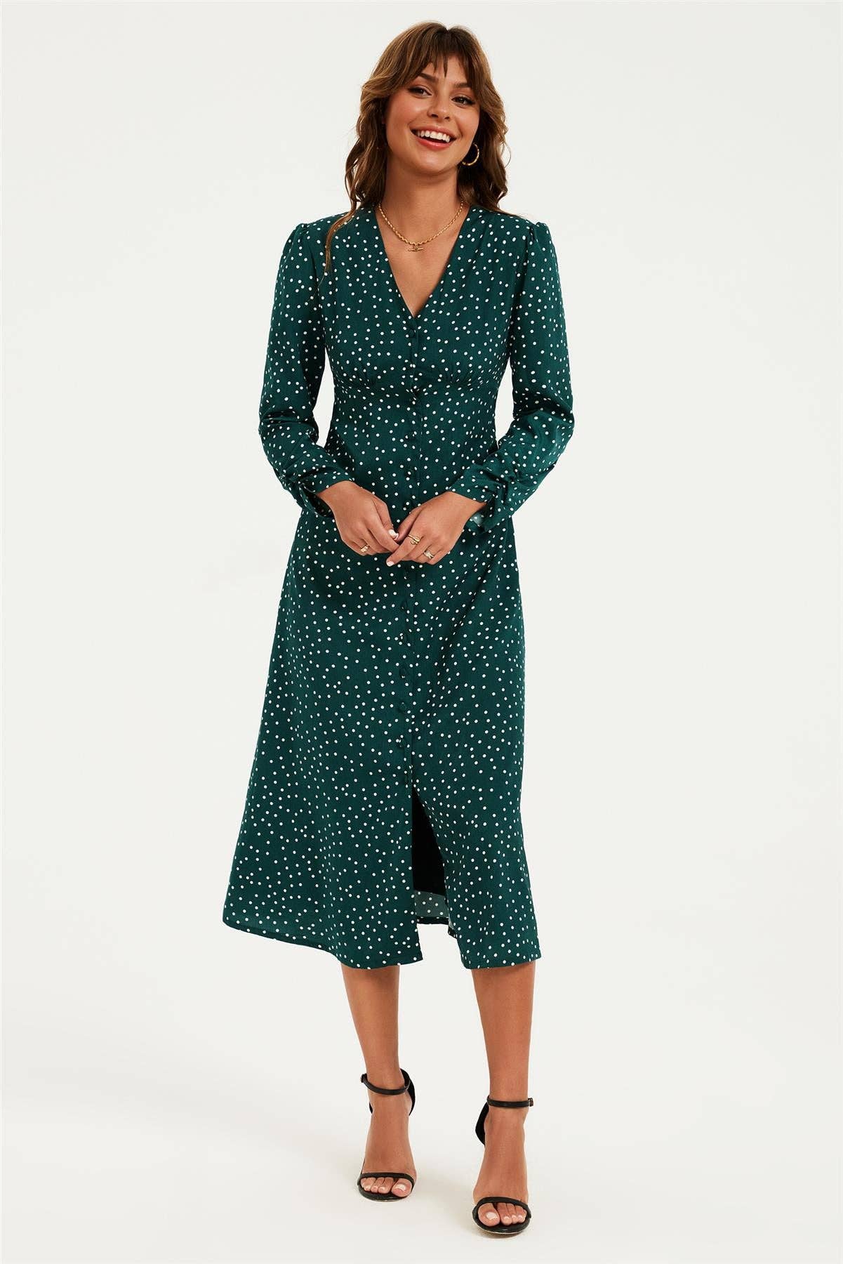 Dot Print Long Sleeve Button Front Midi Dress In Green for wholesale on Faire5