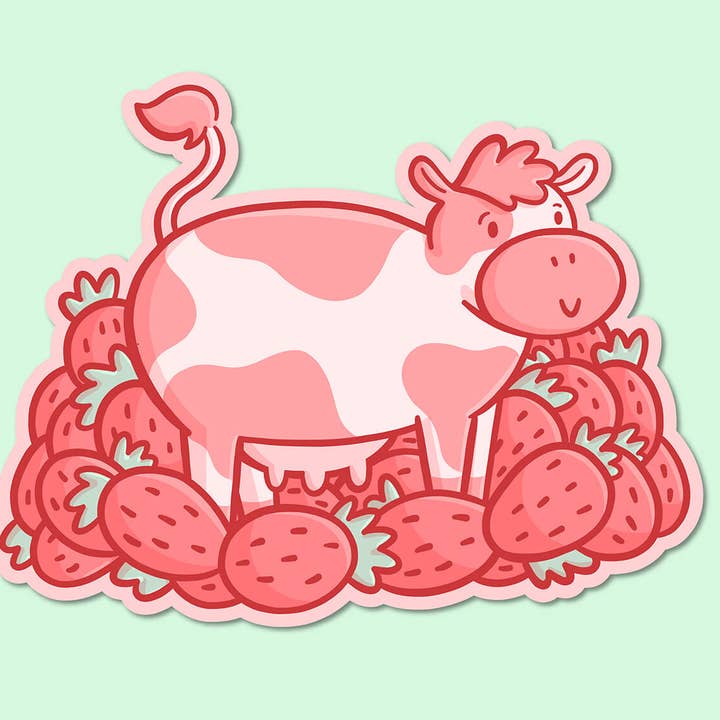 Strawberry Cow Vinyl Sticker for wholesale by Shop Emily M
