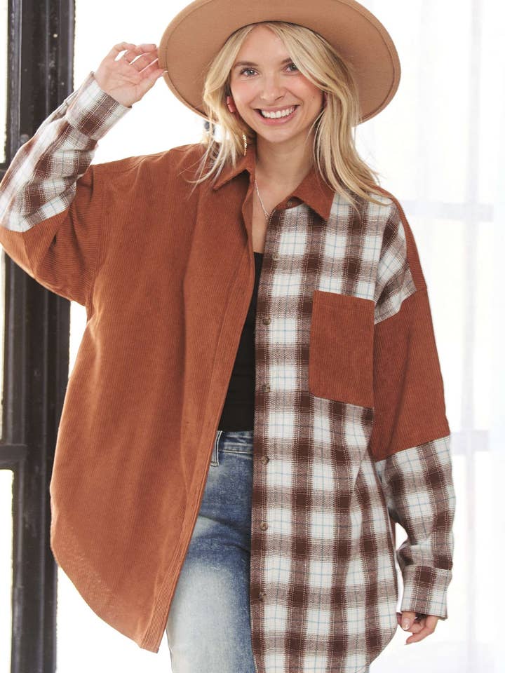 LEJ2639 - PLAID CONTRAST SHACKET for wholesale by Madelyn