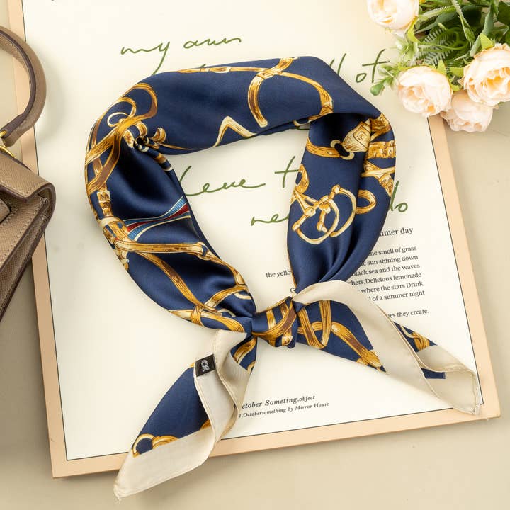 COSMOS - Wholesale Head Scarf - Women's - 70x70 Square Scarf Silk Effect Golden Chains Elegant