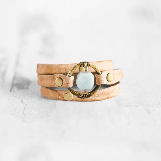 Be the Light Triple Wrap Bracelet-Antique Brass-Aquamarine for wholesale by Giving Bracelets