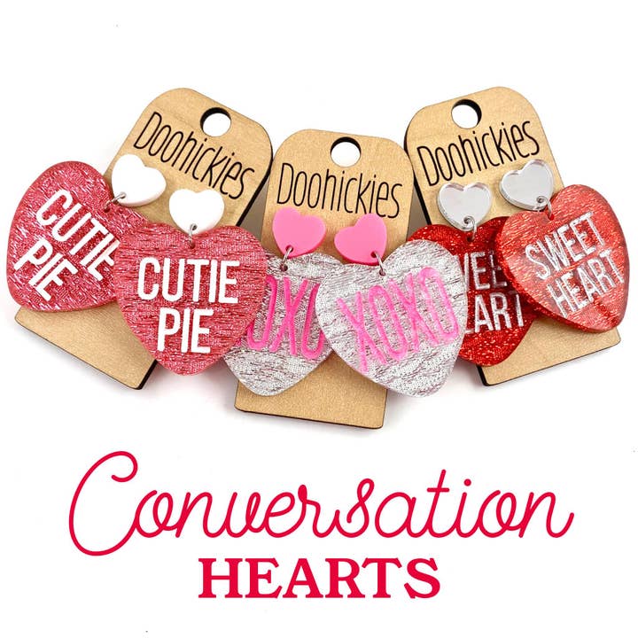 2" Conversation Heart Dangles - Valentines Acrylic Earrings for wholesale by Doohickies