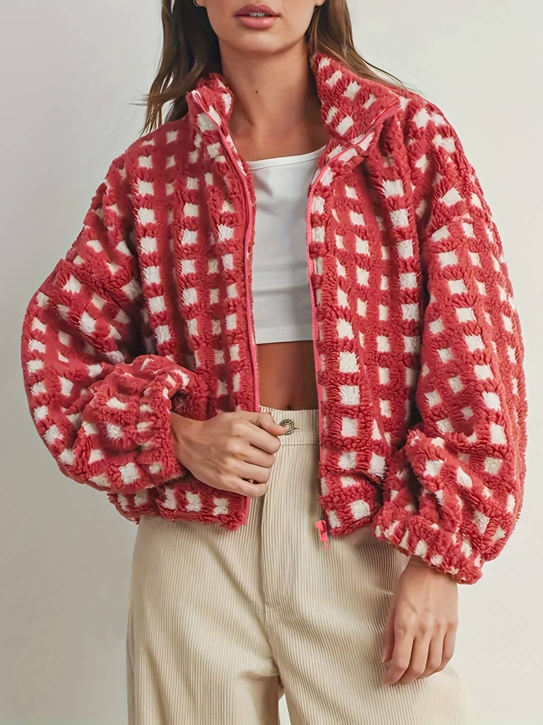 Checkered Red Gingham Sherpa fleece oversized jacket for wholesale on Faire0