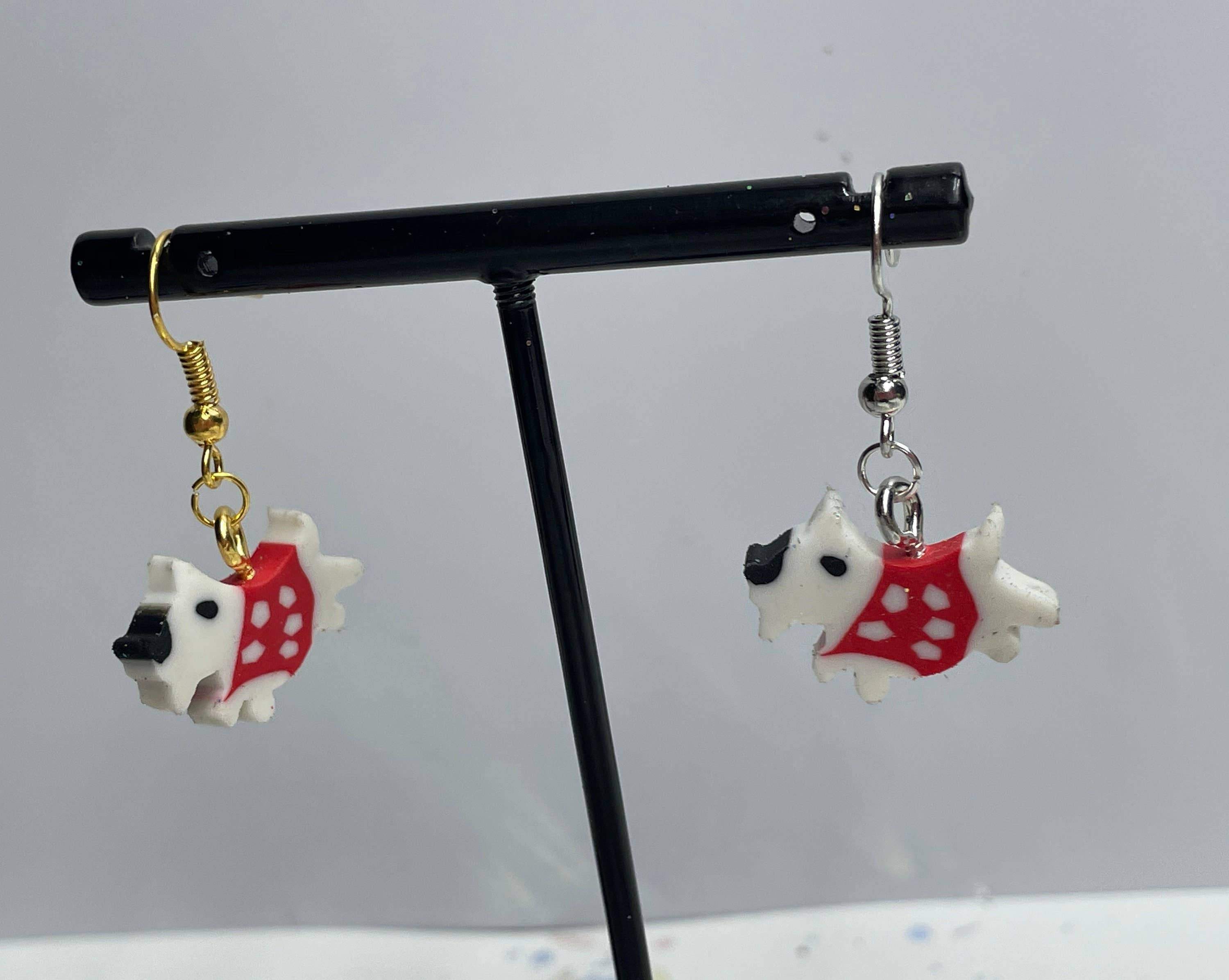 R59Creates – wholesale Dangle earrings – Mini Fluffy White Dog W/ Red Sweater Earrings! Puppy Dog Jewelry, Cool Gift For All Of Your Animal Loving Friends And Family!1
