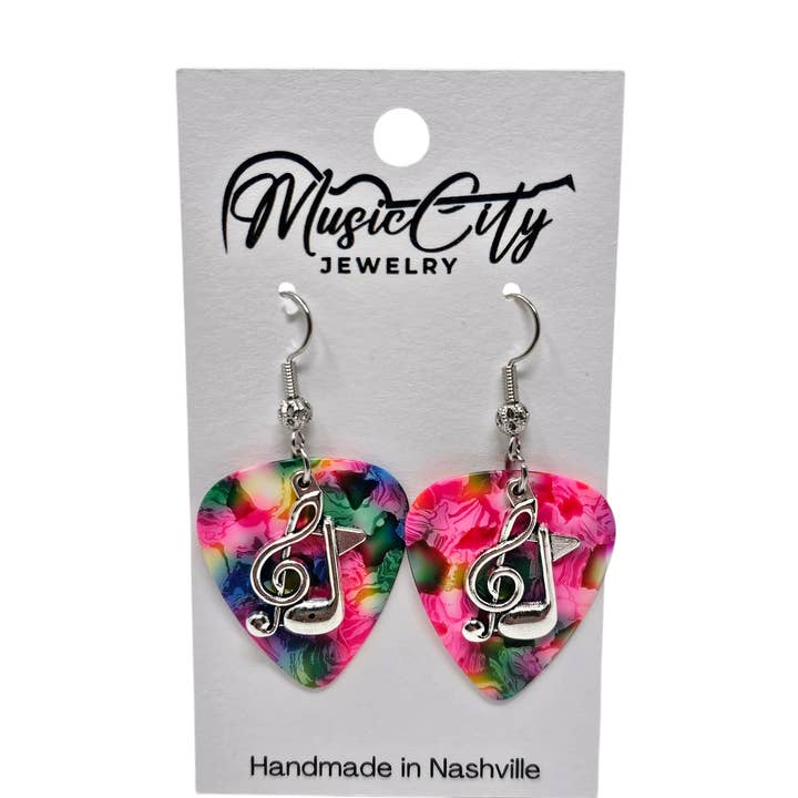 Guitar Pick Earrings W/ Music Note Charm- Choose Your Color for wholesale by Candlelit Desserts