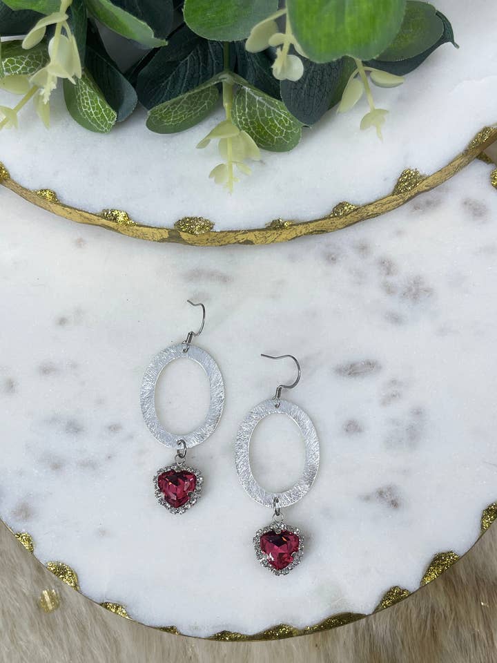 Brushed Silver Oval & Rhinestone Drop Earrings for wholesale by Magnolia & Peach Jewelry Boutique, LLC
