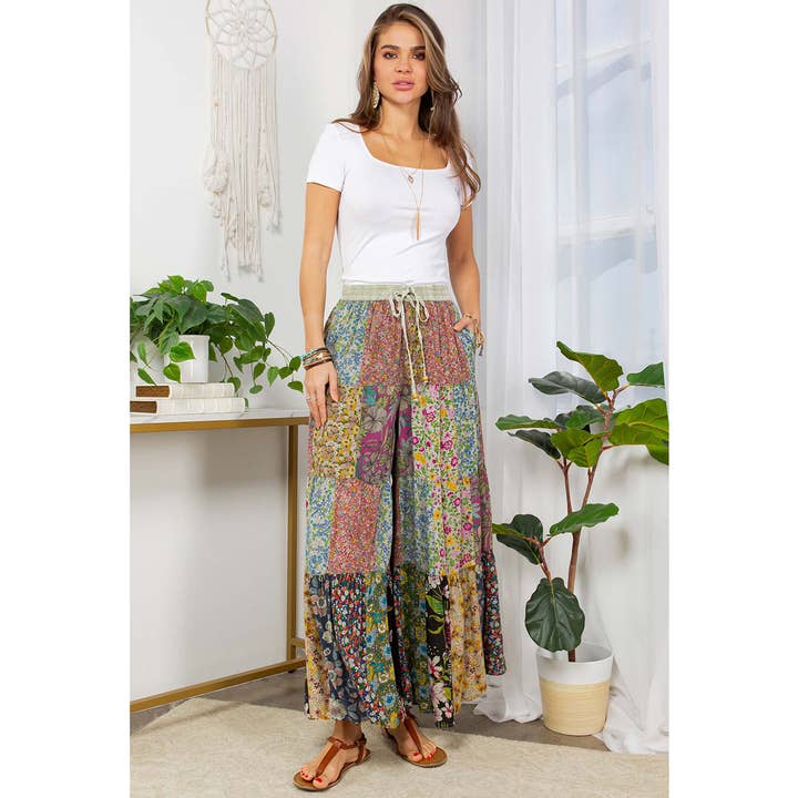 Young Threads - Wholesale Pants - Women's - Printed Patchwork Overdyed Pants With 4 Tiers
